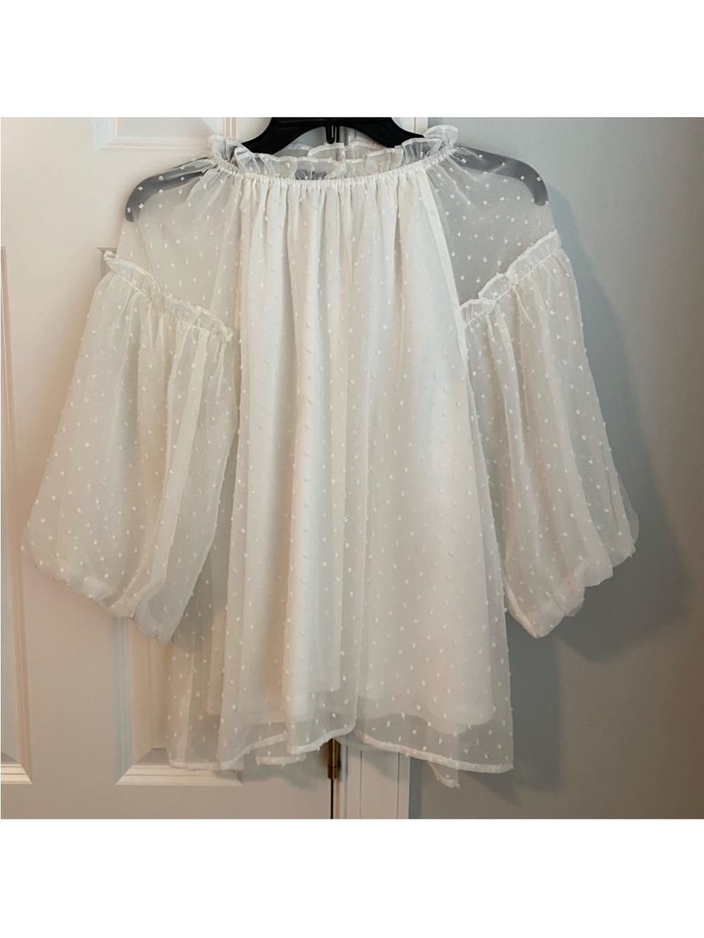 Very J White Swiss Dot Sheer Ruffle Neck Puff Sleeve Blouse